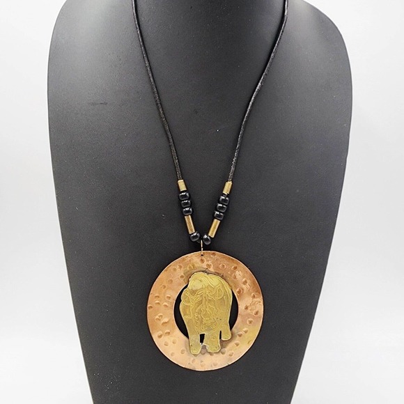 Artisan Made Rhino Rhinoceros Brass Copper Boho Large Pendant Necklace 22" - Picture 1 of 5